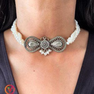 Bow and Pearls Choker Necklace, Statement Necklace